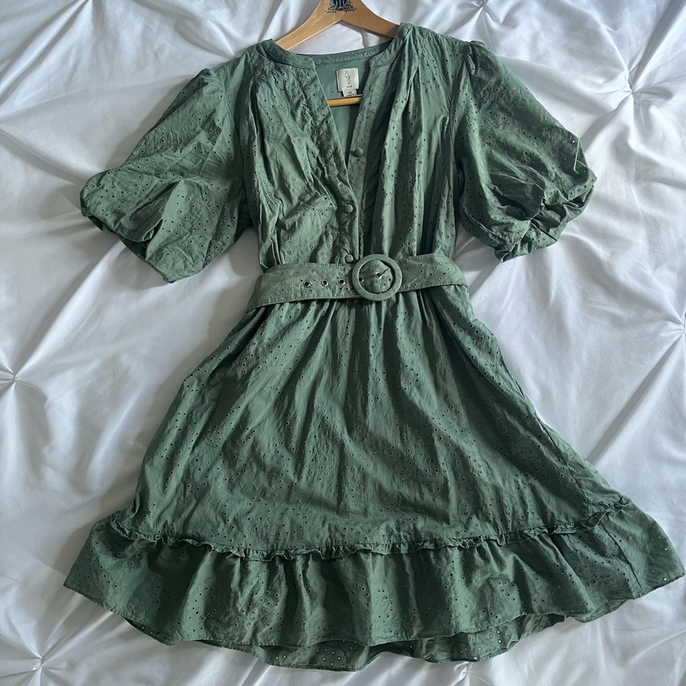 Jolie Blue/Green Eyelet Belted Puff-Sleeve Mini Dress